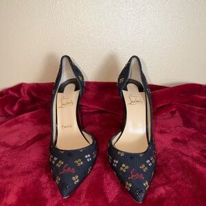Christian Louboutin Black and Gold Floral Heels